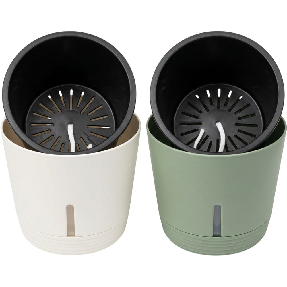 Lviy Self-Watering Round Plastic Planters 20 cm White and Sage Set of 2 - Product view