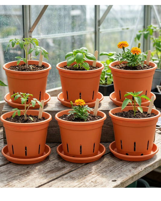 Lviy Ventilated Plastic Nursery Pots 15 cm Terracotta Set of 6 - Lifestyle view